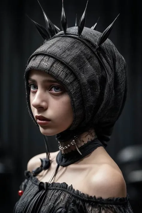 award winning still of a melodrama, medium full shot of young french girl, wearing (indonesian avant-garde fashion:1.5), (sinister dreadful expression:1.2), perfect skin, skin pores, skin fuzz, vellus hair, goose bump, subsurface scattering, transluscency, intricately detailed, dramatic lighting, analog film grain finishing, snapshot-realistic-perfect, the-person-in-question, enhanced-details