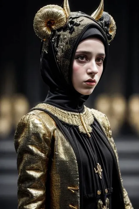 award winning still of a melodrama, medium full shot of young french girl, wearing (indonesian avant-garde fashion, black and gold:1.5), (sinister dreadful expression:1.2), perfect skin, skin pores, skin fuzz, vellus hair, goose bump, subsurface scattering, transluscency, intricately detailed, dramatic lighting, analog film grain finishing, snapshot-realistic-perfect, the-person-in-question, enhanced-details