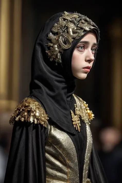 award winning still of a melodrama, medium full shot of young french girl, wearing (indonesian avant-garde fashion, black and gold:1.5), (sinister dreadful expression:1.2), perfect skin, skin pores, skin fuzz, vellus hair, goose bump, subsurface scattering, transluscency, intricately detailed, dramatic lighting, analog film grain finishing, snapshot-realistic-perfect, the-person-in-question, enhanced-details