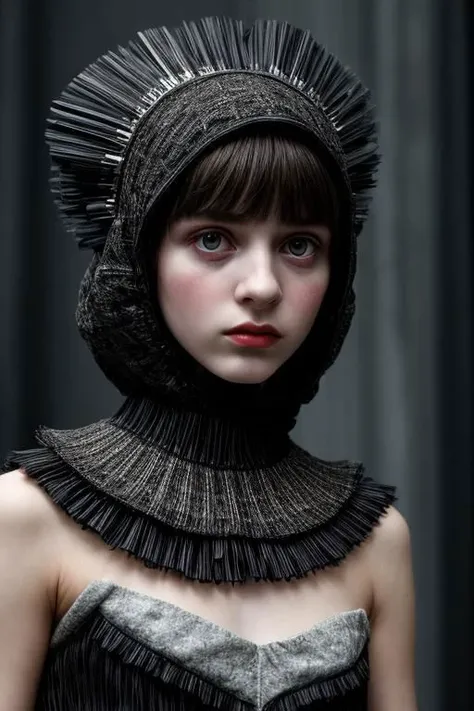 award winning still of a melodrama, medium full shot of young french girl, wearing (indonesian avant-garde fashion:1.5), (sinister dreadful expression:1.2), perfect skin, skin pores, skin fuzz, vellus hair, goose bump, subsurface scattering, transluscency, intricately detailed, dramatic lighting, analog film grain finishing, snapshot-realistic-perfect, the-person-in-question, enhanced-details