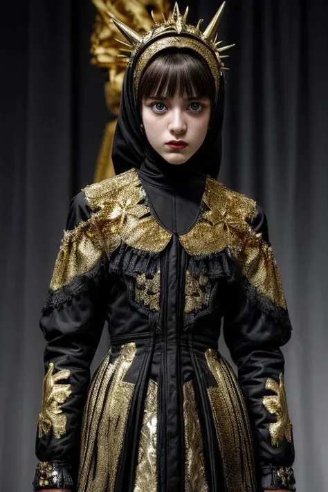 award winning still of a melodrama, medium full shot of young french girl, wearing (indonesian avant-garde fashion, black and gold:1.5), (sinister dreadful expression:1.2), perfect skin, skin pores, skin fuzz, vellus hair, goose bump, subsurface scattering, transluscency, intricately detailed, dramatic lighting, analog film grain finishing, snapshot-realistic-perfect, the-person-in-question, enhanced-details