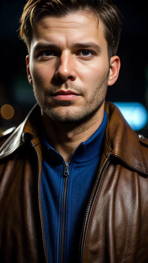 Realistic photography, closeup of male 35yo military special operations, brown hair, focus on eyes, 50 mm f/1.4, hdr masterpiece,dramatic lighting, epic, hair in wind, wearing leather , light snowing, post apocalyptic city, year 2590