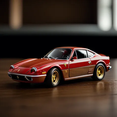 cinematic, photo plastic old toy car (red ferrari), on wooden table, simple background, pbr texture, grit, stains, rust . 35mm photograph, film, full frame, bokeh, professional, 4k, highly detailed