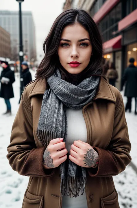 ((( a woman wearing a coat and a scarf in the city in freezing temperature , upper body))) woman, with, tattoos, and, piercing, lip, nose, beautiful eyes, beautiful girl, high detail eyes, high detail hair, 4k textures, soft cinematic light, cinematic look, insane details, hyperdetailed, Highly detailed
<lora:Detail Slider V2 By Stable :0.4>