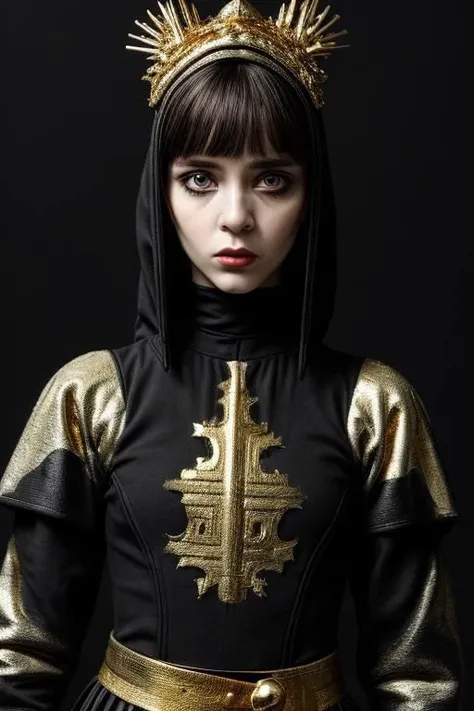 award winning still of a melodrama, medium full shot of young french girl, wearing (indonesian avant-garde fashion, black and gold:1.5), (sinister dreadful expression:1.2), perfect skin, skin pores, skin fuzz, vellus hair, goose bump, subsurface scattering, transluscency, intricately detailed, dramatic lighting, analog film grain finishing, snapshot-realistic-perfect, the-person-in-question, enhanced-details