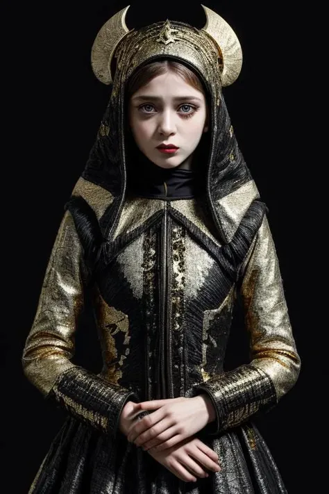 award winning still of a melodrama, medium full shot of young french girl, wearing (indonesian avant-garde fashion, black and gold:1.5), (sinister dreadful expression:1.2), perfect skin, skin pores, skin fuzz, vellus hair, goose bump, subsurface scattering, transluscency, intricately detailed, dramatic lighting, analog film grain finishing, snapshot-realistic-perfect, the-person-in-question, enhanced-details