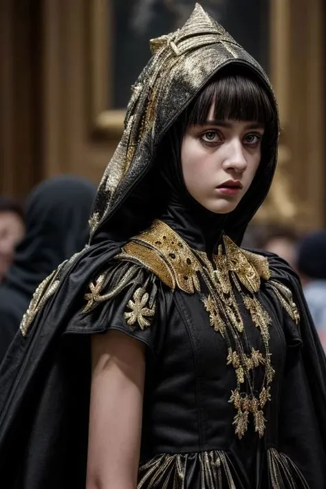 award winning still of a melodrama, medium full shot of young french girl, wearing (indonesian avant-garde fashion, black and gold:1.5), (sinister dreadful expression:1.2), perfect skin, skin pores, skin fuzz, vellus hair, goose bump, subsurface scattering, transluscency, intricately detailed, dramatic lighting, analog film grain finishing, snapshot-realistic-perfect, the-person-in-question, enhanced-details