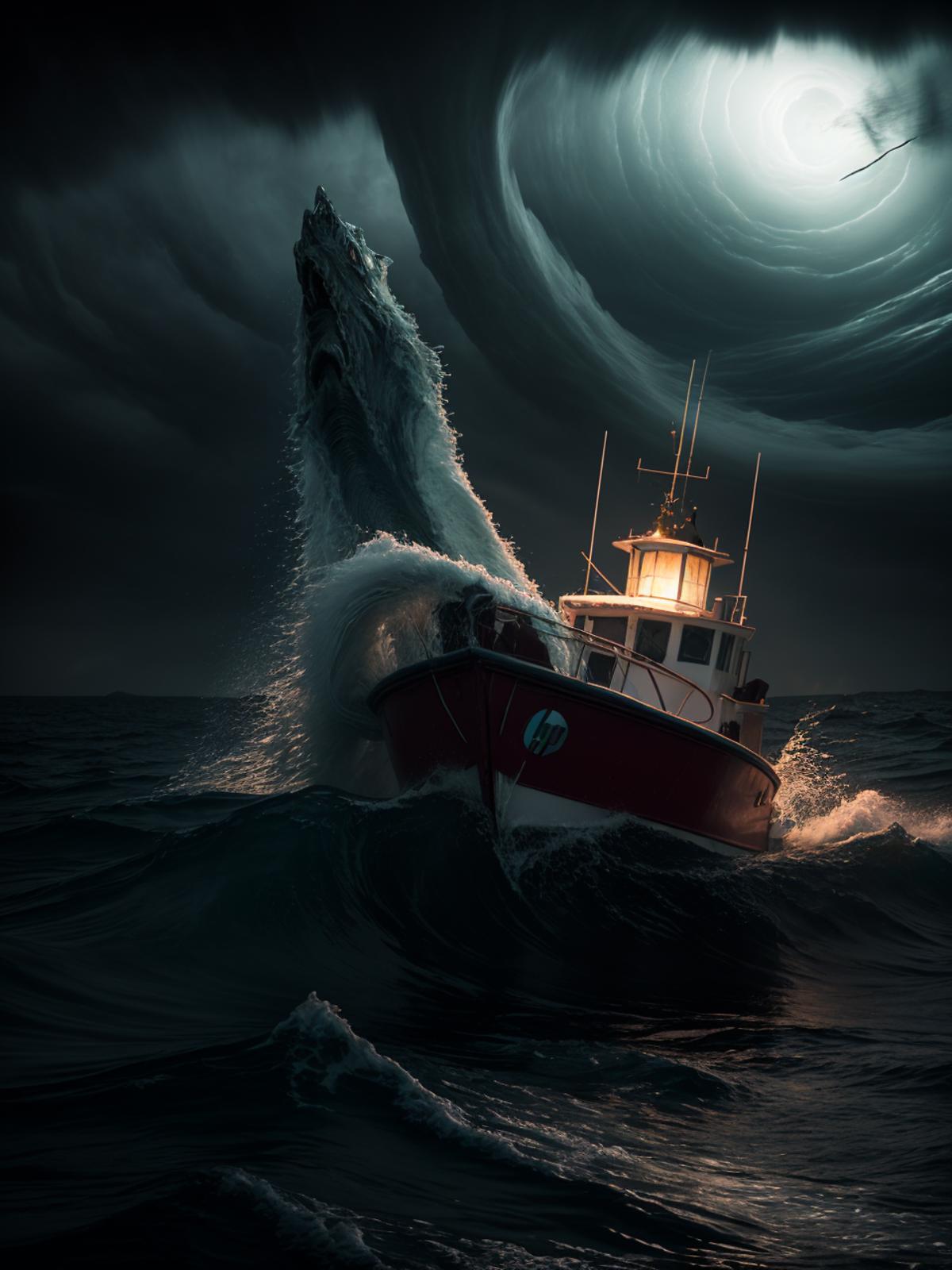 Arafed boat in the ocean with a huge wave coming up - SeaArt AI
