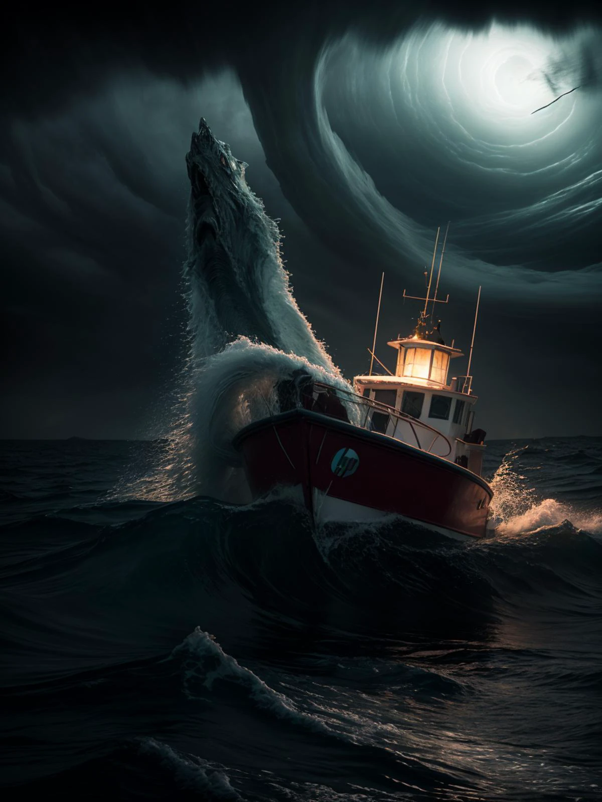 (HP Lovecraft Monster attacks trawling boat), fierce storm raging, chaotic waves crashing, dim lantern light flickering, creating eerie shadows, subsurface scattering (perfect gorgeous face)