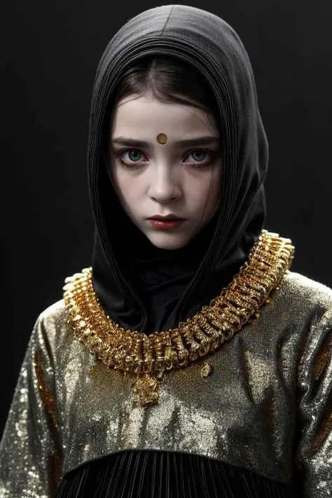 award winning still of a melodrama, medium full shot of young french girl, wearing (indonesian avant-garde fashion, black and gold:1.5), (sinister dreadful expression:1.2), perfect skin, skin pores, skin fuzz, vellus hair, goose bump, subsurface scattering, transluscency, intricately detailed, dramatic lighting, analog film grain finishing, snapshot-realistic-perfect, the-person-in-question, enhanced-details