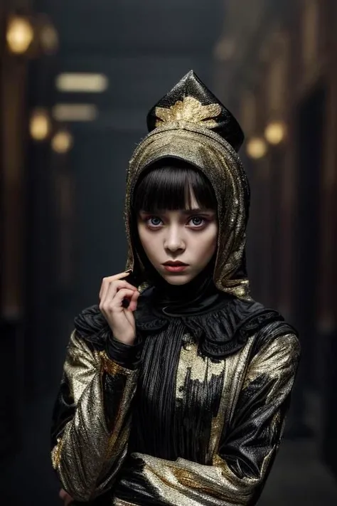 award winning still of a melodrama, medium full shot of young french girl, wearing (indonesian avant-garde fashion, black and gold:1.5), (sinister dreadful expression:1.2), perfect skin, skin pores, skin fuzz, vellus hair, goose bump, subsurface scattering, transluscency, intricately detailed, dramatic lighting, analog film grain finishing, snapshot-realistic-perfect, the-person-in-question, enhanced-details