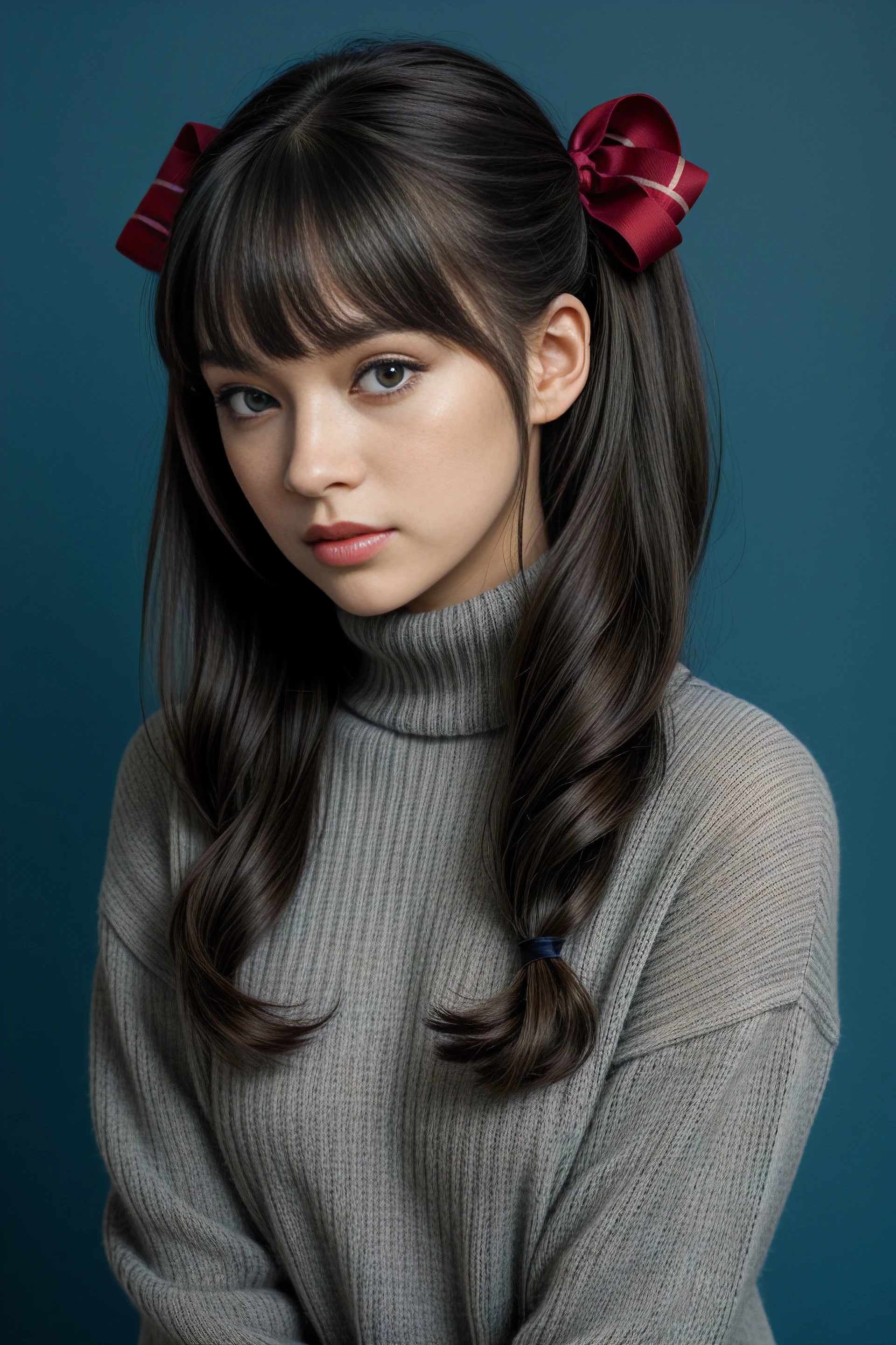 1girl, tohsaka rin, solo, long hair, sweater, red sweater, looking at viewer, blue background, black hair, simple background, two side up, turtleneck, blue eyes, lips, closed mouth, ribbon, hair ribbon, bangs, turtleneck sweater, upper body, parted bangs, black ribbon, ribbed sweater, twintails, nose,
<lora:3DMM_V12:1>