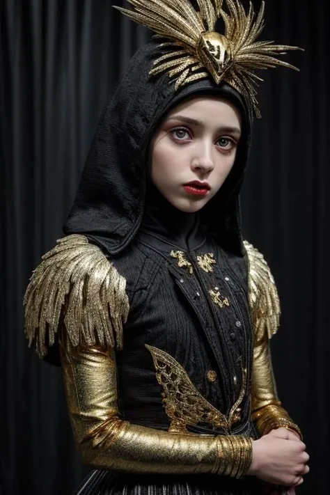 award winning still of a melodrama, medium full shot of young french girl, wearing (indonesian avant-garde fashion, black and gold:1.5), (sinister dreadful expression:1.2), perfect skin, skin pores, skin fuzz, vellus hair, goose bump, subsurface scattering, transluscency, intricately detailed, dramatic lighting, analog film grain finishing, snapshot-realistic-perfect, the-person-in-question, enhanced-details