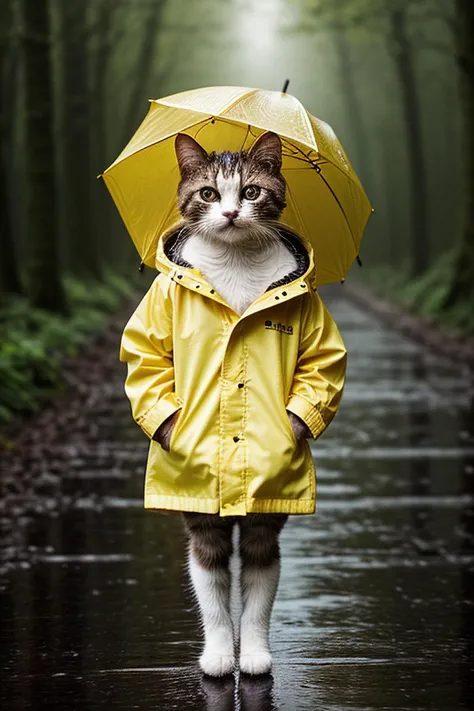 tiny cute (happy1.4) cat in a (yellow raincoat1.3) in the woods, rain, a character portrait, Tilt-shift, bokeh