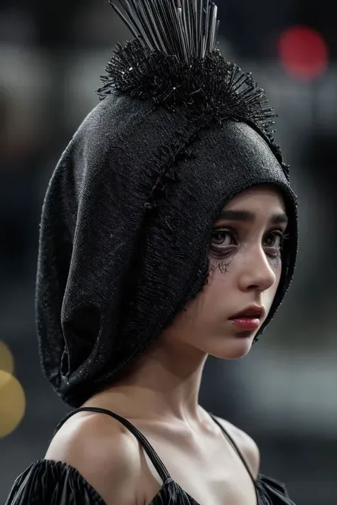 award winning still of a melodrama, medium full shot of young french girl, wearing (indonesian avant-garde fashion:1.5), (sinister dreadful expression:1.2), perfect skin, skin pores, skin fuzz, vellus hair, goose bump, subsurface scattering, transluscency, intricately detailed, dramatic lighting, analog film grain finishing, snapshot-realistic-perfect, the-person-in-question, enhanced-details