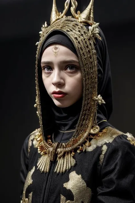 award winning still of a melodrama, medium full shot of young french girl, wearing (indonesian avant-garde fashion, black and gold:1.5), (sinister dreadful expression:1.2), perfect skin, skin pores, skin fuzz, vellus hair, goose bump, subsurface scattering, transluscency, intricately detailed, dramatic lighting, analog film grain finishing, snapshot-realistic-perfect, the-person-in-question, enhanced-details