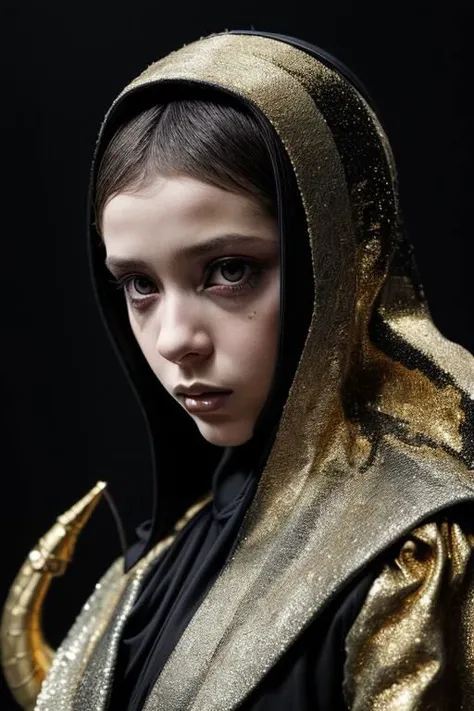award winning still of a melodrama, medium full shot of young french girl, wearing (indonesian avant-garde fashion, black and gold:1.5), (sinister dreadful expression:1.2), perfect skin, skin pores, skin fuzz, vellus hair, goose bump, subsurface scattering, transluscency, intricately detailed, dramatic lighting, analog film grain finishing, snapshot-realistic-perfect, the-person-in-question, enhanced-details