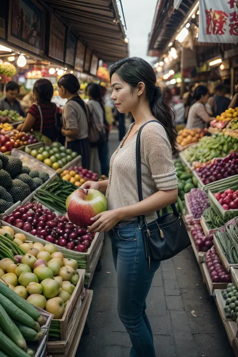 natural skin,<lora:more_details:0.3>,<lora:GoodHands-beta2:1>,(A photorealistic image of a woman walking through a busy market, with vendors selling colorful fruits and vegetables all around. Shot from a close-up angle to capture the sense of texture and vibrancy,film grain,Fujifilm XT3,