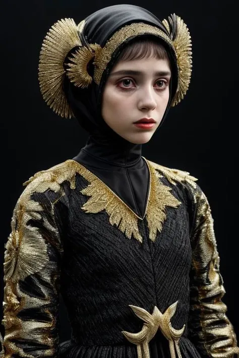 award winning still of a melodrama, medium full shot of young french girl, wearing (indonesian avant-garde fashion, black and gold:1.5), (sinister dreadful expression:1.2), perfect skin, skin pores, skin fuzz, vellus hair, goose bump, subsurface scattering, transluscency, intricately detailed, dramatic lighting, analog film grain finishing, snapshot-realistic-perfect, the-person-in-question, enhanced-details