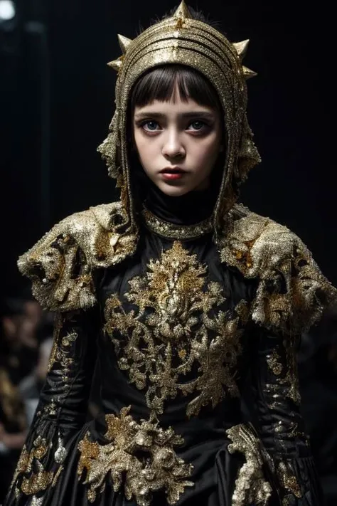 award winning still of a melodrama, medium full shot of young french girl, wearing (indonesian avant-garde fashion, black and gold:1.5), (sinister dreadful expression:1.2), perfect skin, skin pores, skin fuzz, vellus hair, goose bump, subsurface scattering, transluscency, intricately detailed, dramatic lighting, analog film grain finishing, snapshot-realistic-perfect, the-person-in-question, enhanced-details