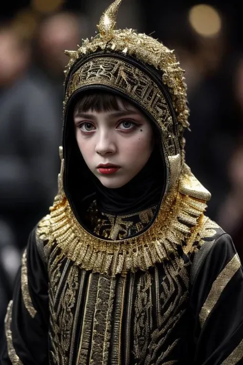 award winning still of a melodrama, medium full shot of young french girl, wearing (indonesian avant-garde fashion, black and gold:1.5), (sinister dreadful expression:1.2), perfect skin, skin pores, skin fuzz, vellus hair, goose bump, subsurface scattering, transluscency, intricately detailed, dramatic lighting, analog film grain finishing, snapshot-realistic-perfect, the-person-in-question, enhanced-details