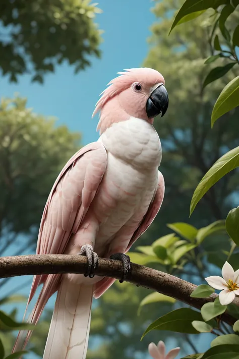 pltn style, Pink and white cest galah cockatoo bird in a tree with green leaves and flowers ,animation for children book illustration , cute big circular reflective eyes, unreal engine cinematic smooth, intricate detail