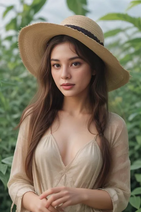 2. "Young female botanist (ethnicity: Middle-Eastern, age: late 20s) in a vibrant greenhouse (setting: lush, biodiverse). She's dressed in practical field attire (fabric: lightweight, earth-toned) with a wide-brimmed sun hat, her hair in a functional braid, and natural, minimal makeup. She's examining exotic plants (action: meticulous, curious), her expression one of fascination and dedication, amidst an array of rare and colorful flora." <lora:Instaface-10:1>