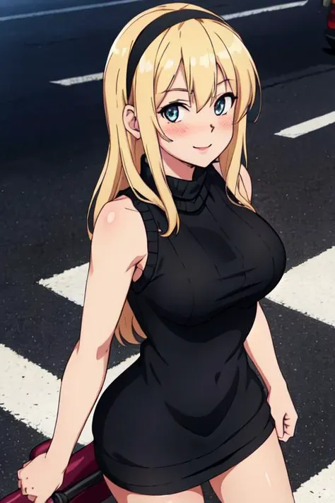 masterpiece,best quality,highres,1girl,solo,blush,large breasts,hair_band blue,black sweater dress,black virgin killer sweater,sleeveless,bare arms,street,looking at the viewer,light smile,cute,black chocker,<lora:anna faris v1.3:1>