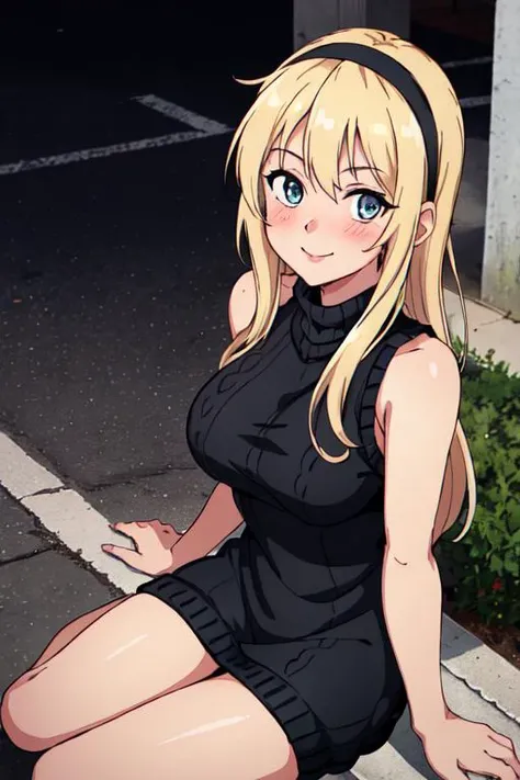 masterpiece,best quality,highres,1girl,solo,blush,large breasts,hair_band blue,black sweater dress,black virgin killer sweater,sleeveless,bare arms,street,looking at the viewer,light smile,cute,black chocker,<lora:anna faris v1.3:1>