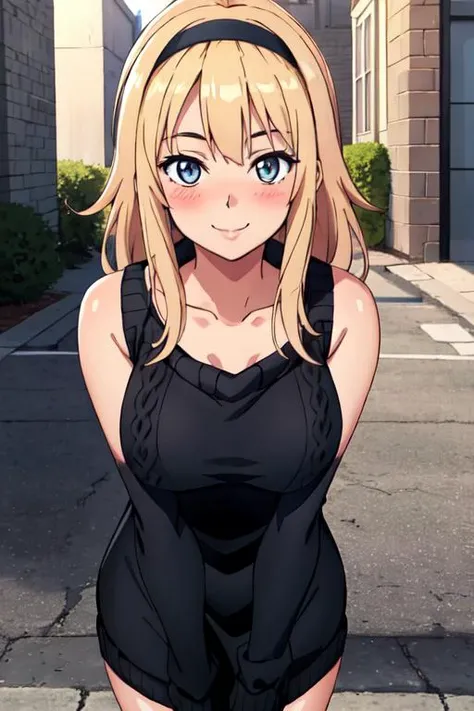 Young woman 18 years: 1.3, Short blonde hair: 1.2, Tall: 1.2, Occupation: 1.2, Daytime: 1.2, On the street: 1.2, Film lighting, Best quality, 8k, short black dress, strapless black dress, bare shoulders, bare arms, large breasts ((anime strokes)) Korean girl, seductive look, sexy, open mouth and smiling ((medium breasts)) (best quality)