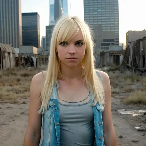 RAW photo, a close up portrait photo of anna faris in wastelander clothes, long haircut, pale skin, slim body, background is city ruins, (high detailed skin:1.2), 8k uhd, dslr, soft lighting, high quality, film grain, Fujifilm XT3
  <lora:anna faris v1.3:1>