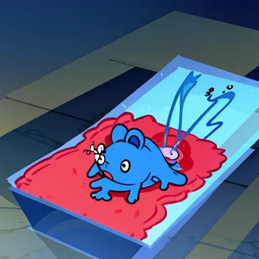 <lora:htf_gore:0.9> a blue mouse drowning in a pool of bloody intestine, bleeding, injured, bone, blood, deep cut, gore, horror, screaming, pain, detailed butchery background