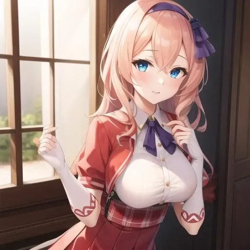 (masterpiece, best quality:1.2),illustration,8k,hd,1girl,solo,upper body,(portrait:1.2),leander (azur lane),red eyes,single,long hair,blush,fringe,blue eyes,blonde hair,hair between eyes,large breasts,pleated skirt,zettai ryouiki,skirt,black thighhighs,elbow gloves,loafers,white gloves,fingerless gloves,garter straps,headband,red skirt,<lora:Leander(azur)>,