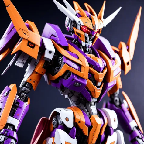 photo (DimensionGundam style:1) close up of a robot with orange and purple colors <lora:djzDimensionGundamV21:0.6>
