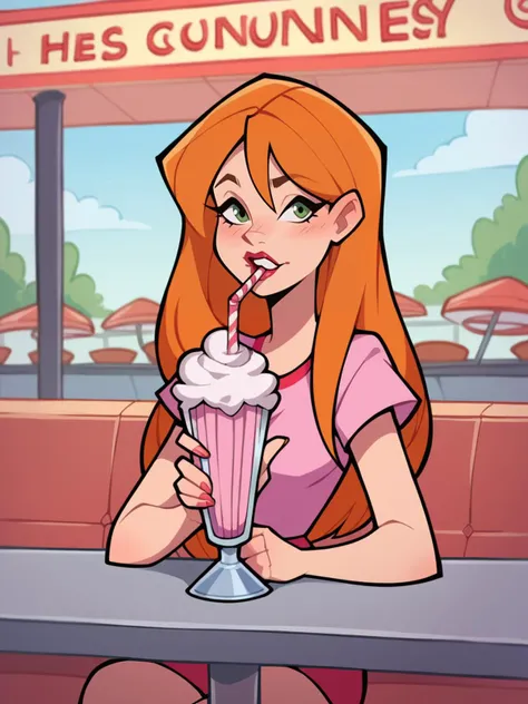 Samantha Simpson , red costume,Eating an ice cream,sitting