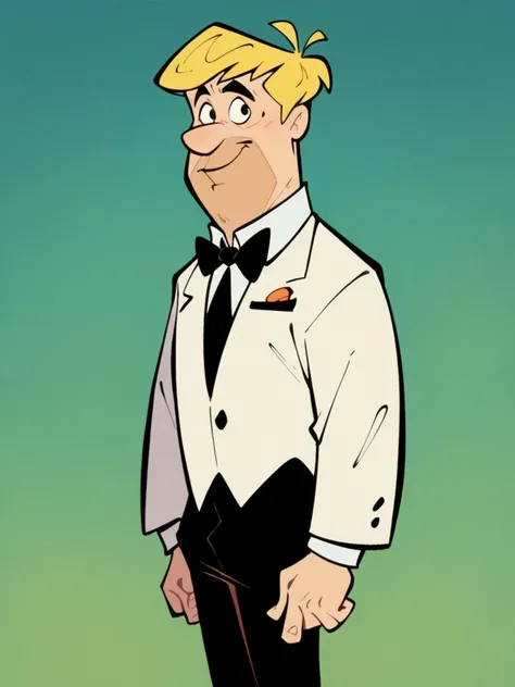 score_9, score_8_up, score_7_up, score_6_up, <lora:fl1ntsXLP:0.9> fl1nts, 1boy, solo, tuxedo, blonde hair, black pants,
