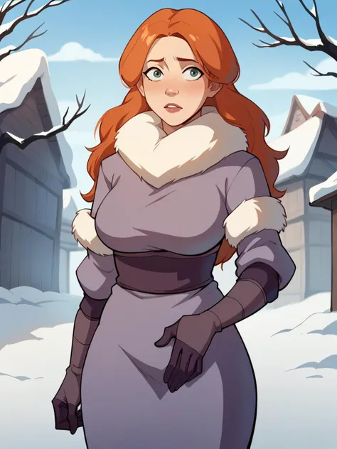 score_9, score_8_up, score_7_up, score_6_up,  <lora:4v4t4rXLP:1> 4v4t4r, 1girl, curvy, long hair, ginger hair, large breasts, snow, winter clothes,