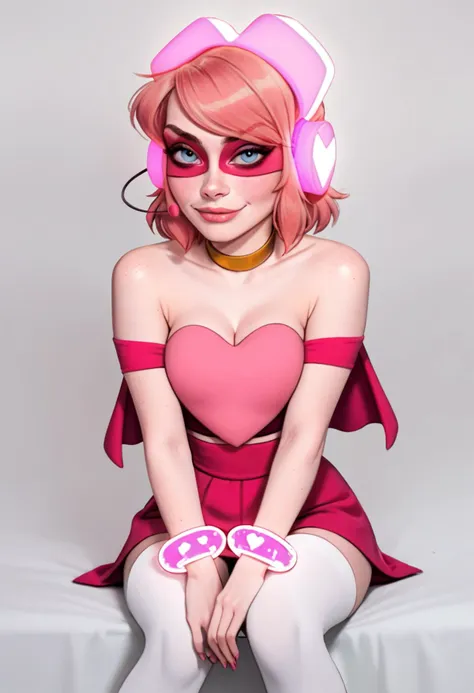 score_9, score_8_up, score_7_up, <lora:Miss_Heed_PDXL2:0.9> pink hair, pink skin, short hair, missheedxl, capelet, bare shoulders, callarbone, short sleeves, cleavage, golden choker, strapless, pink heart shaped crop top, pink headphones, headset, pink sunglasses, white over knee boots, pink miniskirt, pink round bracelet, white thighhighs, <lora:Vixon's_PDXL:0.8> s1mps0ns, yellow skin,