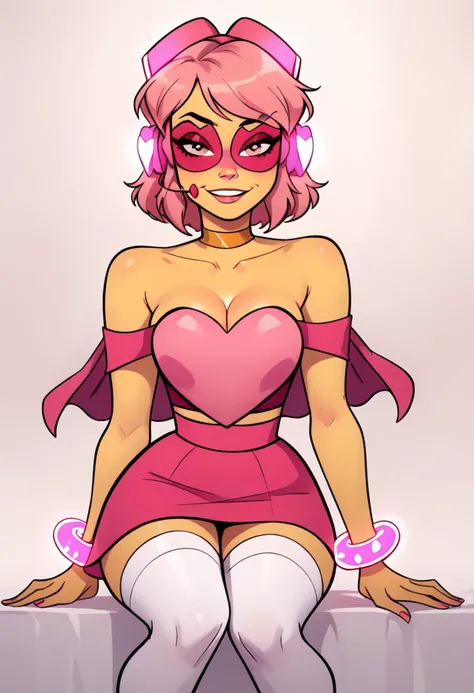 score_9, score_8_up, score_7_up, <lora:Miss_Heed_PDXL2:0.9> pink hair, pink skin, short hair, missheedxl, capelet, bare shoulders, callarbone, short sleeves, cleavage, golden choker, strapless, pink heart shaped crop top, pink headphones, headset, pink sunglasses, white over knee boots, pink miniskirt, pink round bracelet, white thighhighs, <lora:Vixon's_PDXL:0.8> s1mps0ns, yellow skin,