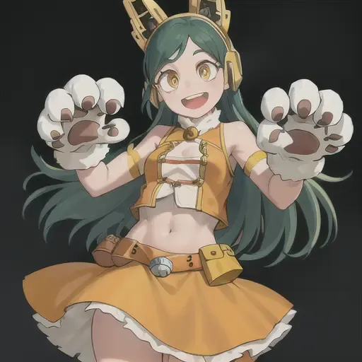 ragdoll, 1girl, solo, long hair, looking at viewer, smile, open mouth, skirt, shirt, gloves, animal ears, yellow eyes, :d, cowboy shot, green hair, teeth, sleeveless, midriff, belt, white gloves, miniskirt, crop top, fur trim, bell, helmet, white pupils, animal hands, pouch, paw gloves, ringed eyes, orange skirt, cat paws <lora:RadollLoRa-10:0.6>