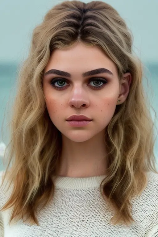 a stunning young woman on the beach at midnight, in a white knitted sweater, pale, waves in background, dark night, [stunning eyes], (close up), perfect face, raw, 8k uhd, <lora:nicolaPeltz:1>