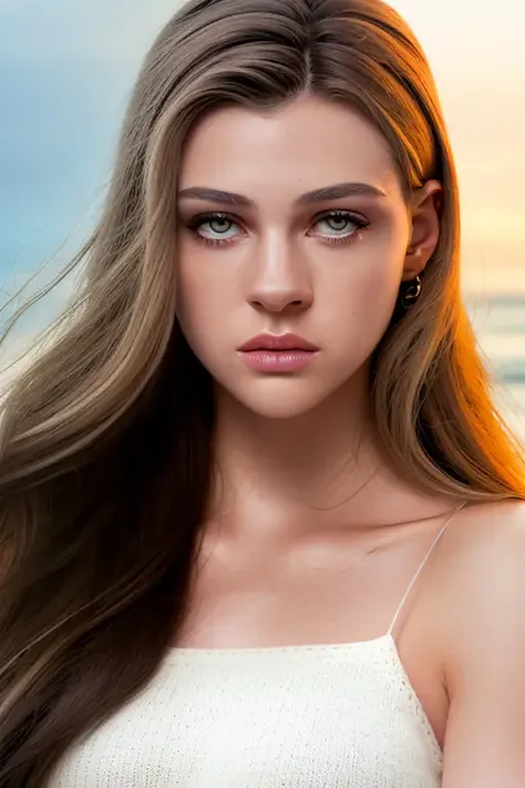 midnight, a stunning woman on the beach at midnight, in a white knitted sweater, waves in background, dark night, upper body, [close up], perfect face, raw, 8k uhd, <lora:nicolaPeltz:1>