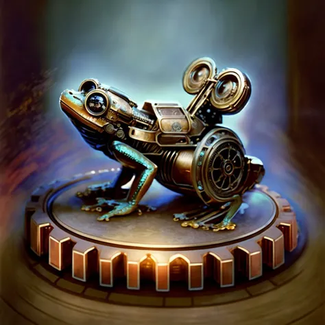 hnsrdlf style bronze clockwork frog, brushed metal gears, cogs, glass, 8k wallpaper, masterpiece, Cinematic Lighting, best quality, Illustration, dramatic angle, gradient background <lora:fROG3_frog:0.65> <lora:biomechanicals_v2:0.95>
