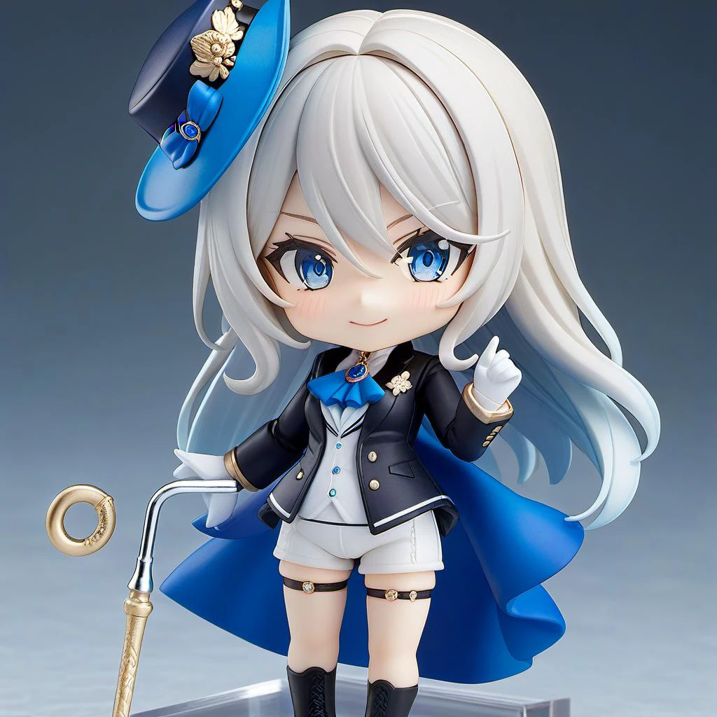 Nendoroid,masterpiece, best quality,Furina-sver ,1girl,hat,long hair,ahoge,multicolored hair,blue eyes,ascot,brooch,long sleeves, jacket,blue bow,gloves,white shorts, thigh strap,standing, smile,cane