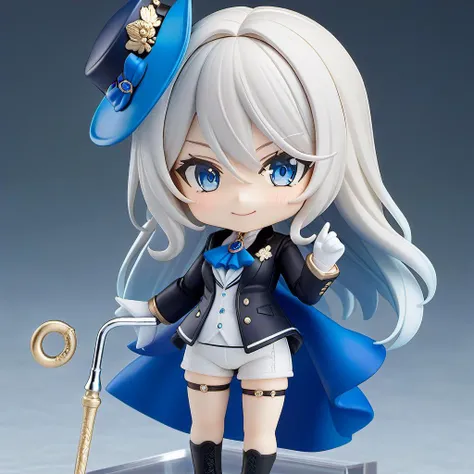 Nendoroid,masterpiece, best quality,Furina-sver ,1girl,hat,long hair,ahoge,multicolored hair,blue eyes,ascot,brooch,long sleeves, jacket,blue bow,gloves,white shorts, thigh strap,standing, smile,cane