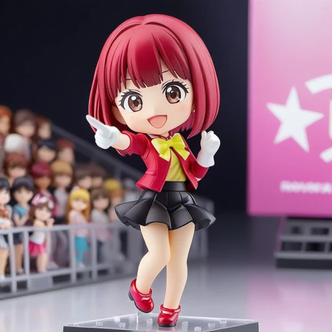 1girl,arima kana,oshi no ko,solo,idol,idol clothes,one eye closed,red shirt,black skirt,black headwear,gloves,stage light,singing,open mouth,crowd,smile,pointing at viewer,masterpiece,best quality,Nendoroid,