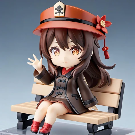 Nendoroid,best quality,(masterpiece:1.3),ultra-detailed, 1girl, hu tao \(genshin impact\), sitting, bench, park, sky, sun, waving, masterpiece, best quality,