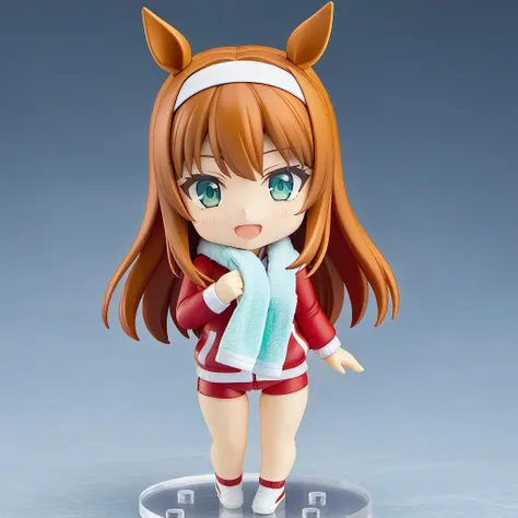 Nendoroid,1girl, animal ears, horse ears, silence suzuka, (umamusume), solo, horse girl, long hair, jacket, sweat, track jacket, outdoors, looking at viewer, orange hair, open mouth, horse tail, towel, hairband, blush, tail, smile, bangs, brown hair, green eyes, hair ornament, sky, blue eyes, day, long sleeves