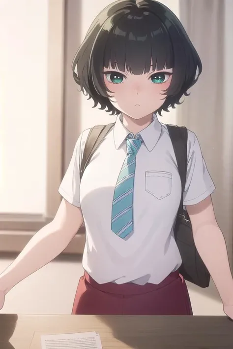 hitohahongou, <lora:hitoha hongou s1-lora-nochekaiser:1>,
hitoha hongou, short hair, bangs, black hair, (green eyes:1.3), blunt bangs,
BREAK shirt, school uniform, white shirt, short sleeves, necktie, sweater vest, blue necktie, skirt, red skirt,
BREAK indoors, classroom,
BREAK looking at viewer, (cowboy shot:1.5),
BREAK <lyco:GoodHands-beta2:1>, (masterpiece:1.2), best quality, high resolution, unity 8k wallpaper, (illustration:0.8), (beautiful detailed eyes:1.6), extremely detailed face, perfect lighting, extremely detailed CG, (perfect hands, perfect anatomy),