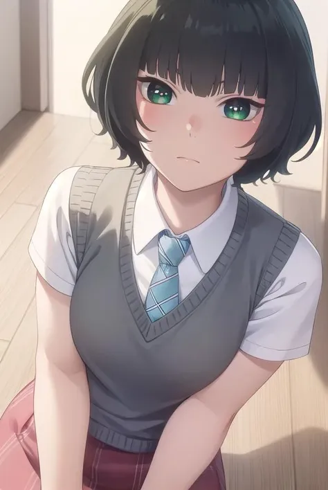 hitohahongou, <lora:hitoha hongou s1-lora-nochekaiser:1>,
hitoha hongou, short hair, bangs, black hair, (green eyes:1.3), blunt bangs,
BREAK shirt, school uniform, white shirt, short sleeves, necktie, sweater vest, blue necktie, skirt, red skirt,
BREAK indoors, classroom,
BREAK looking at viewer, (cowboy shot:1.5),
BREAK <lyco:GoodHands-beta2:1>, (masterpiece:1.2), best quality, high resolution, unity 8k wallpaper, (illustration:0.8), (beautiful detailed eyes:1.6), extremely detailed face, perfect lighting, extremely detailed CG, (perfect hands, perfect anatomy),